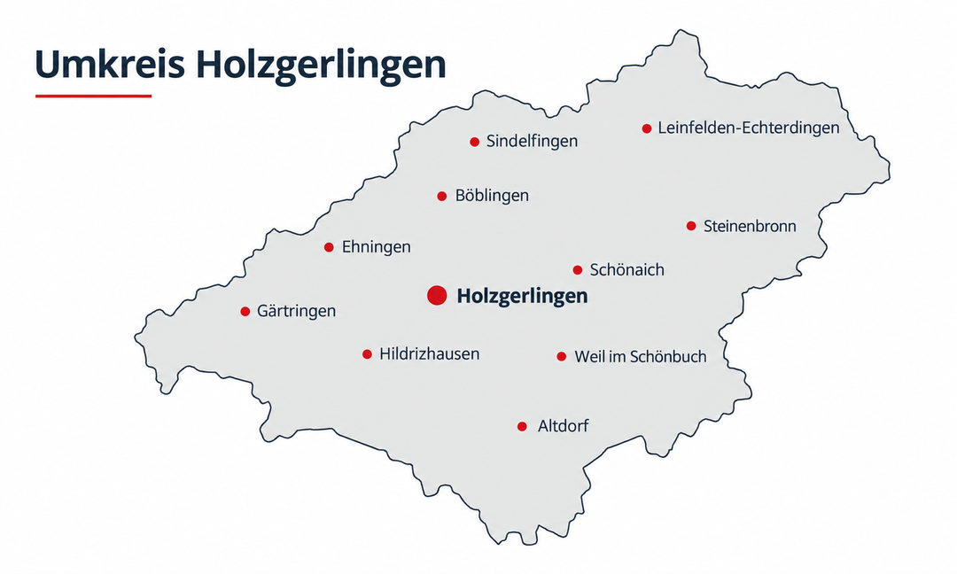 Übersichtskarte Umkreis Holzgerlingen mit Böblingen, Schönaich, Weil im Schönbuch und weiteren Orten der Region