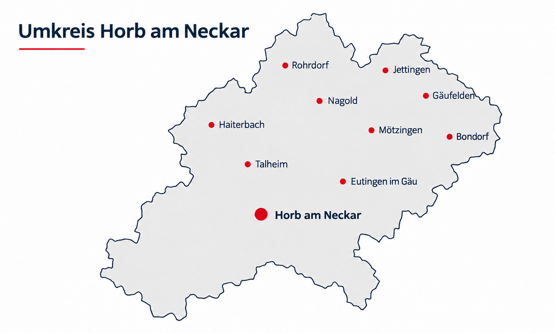 Übersichtskarte Umkreis Horb am Neckar mit Nagold, Eutingen im Gäu, Mötzingen und weiteren Orten der Region