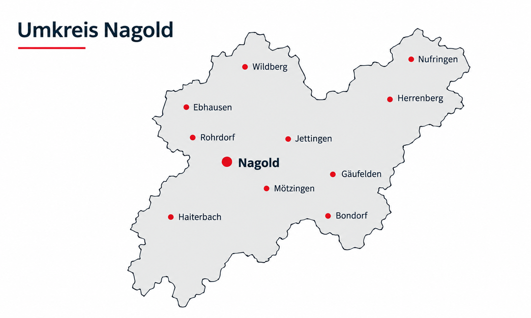 Übersichtskarte Umkreis Nagold mit Wildberg, Ebhausen, Rohrdorf und weiteren Orten der Region