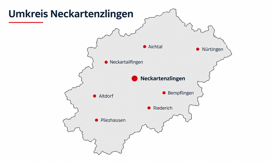 Übersichtskarte Umkreis Neckartenzlingen mit Nürtingen, Neckartailfingen, Bempflingen und weiteren Orten der Region